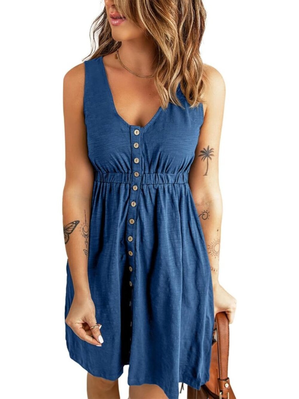 Women's Royal Blue Spring Clothes Sleeveless Crew neck Mini Flowy Sun Dresses